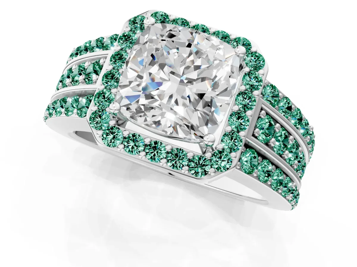 Cushion Cut Halo Diamond Ring with Round Green Sapphire Split Shank and Prong Setting Silver