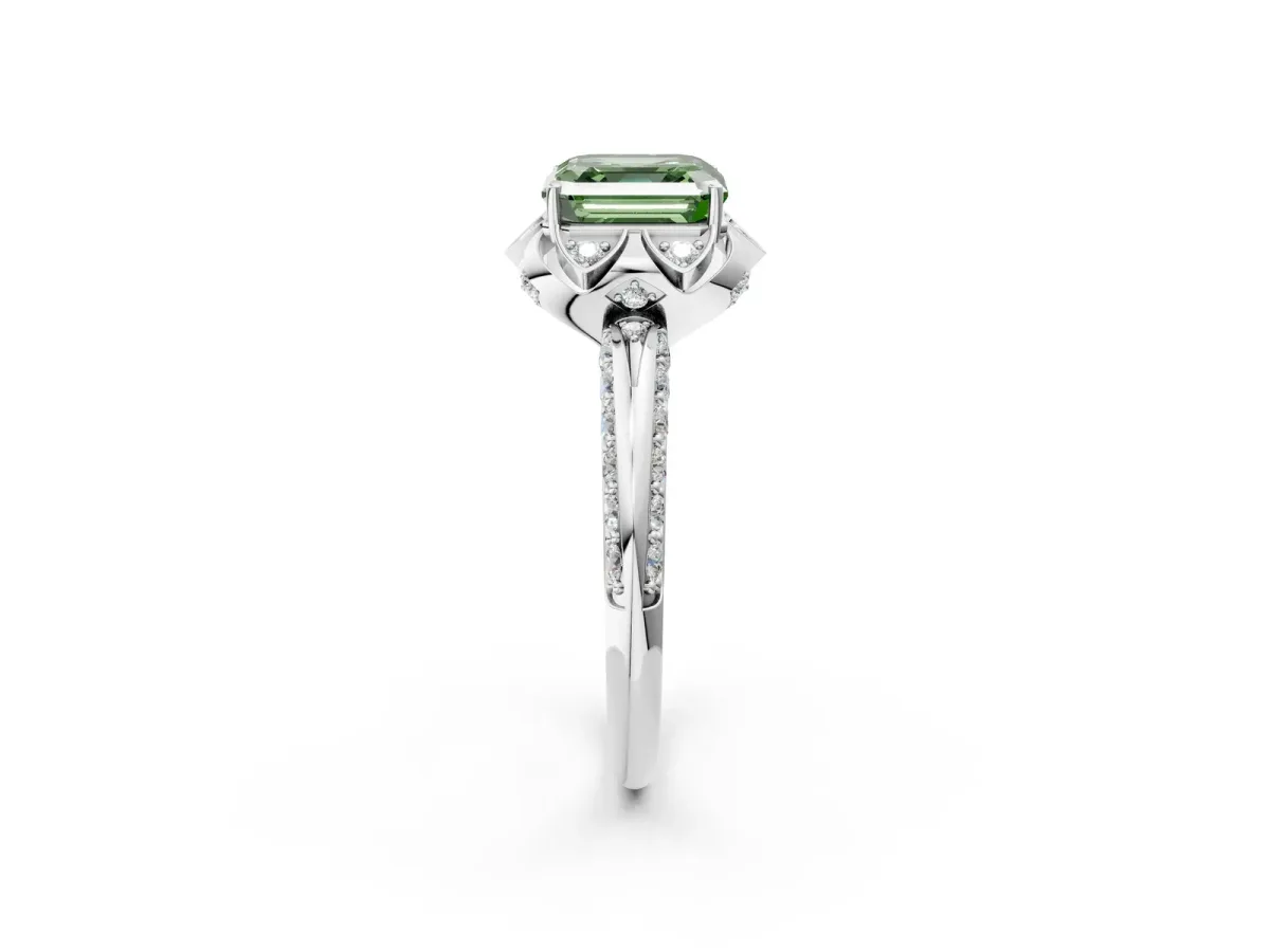Fancy Green Asscher Cut Halo Split Shank Pave Diamond Ring with Petal Prong Setting Silver