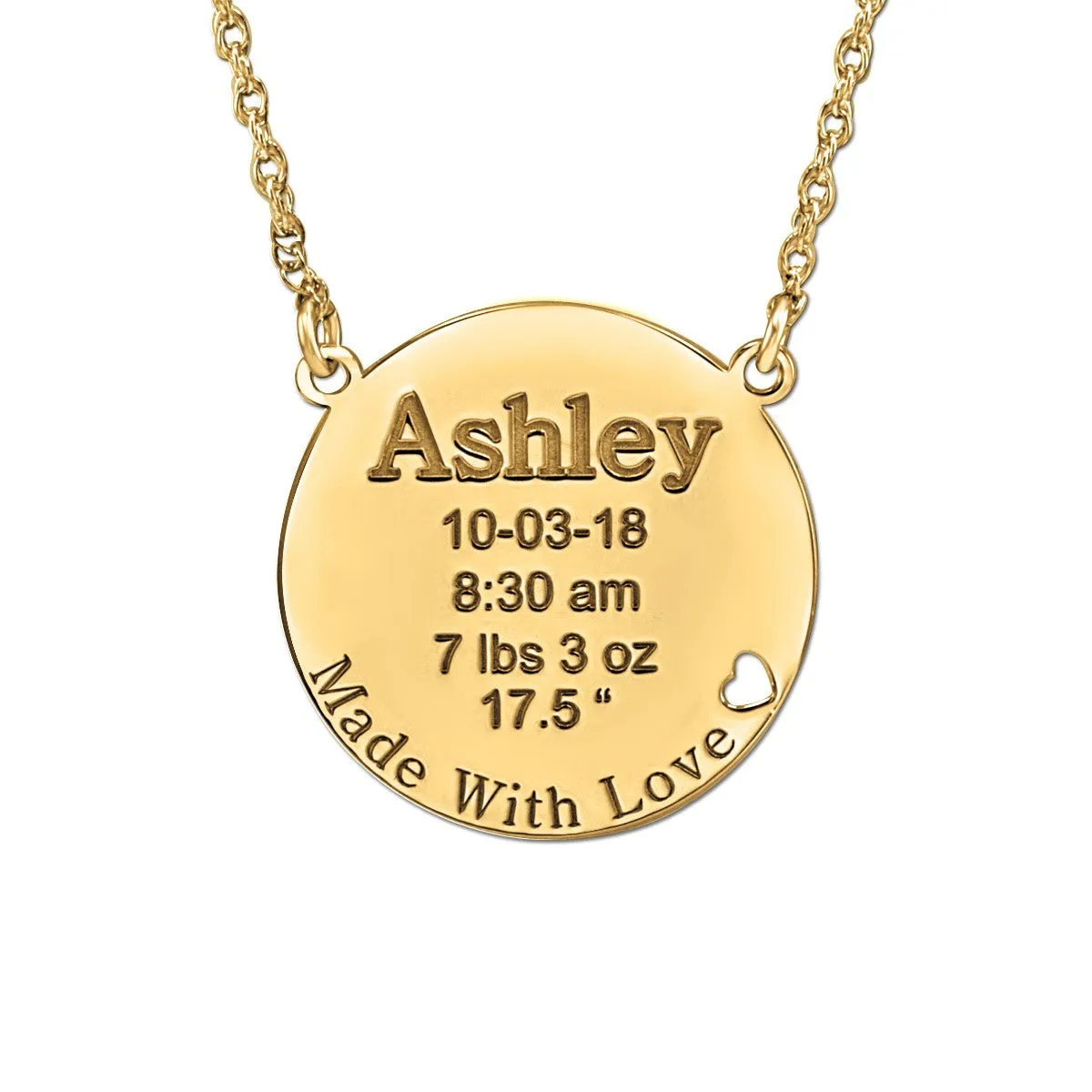 Round Engraved Baby Birth Pendant with Heart Cutout Silver