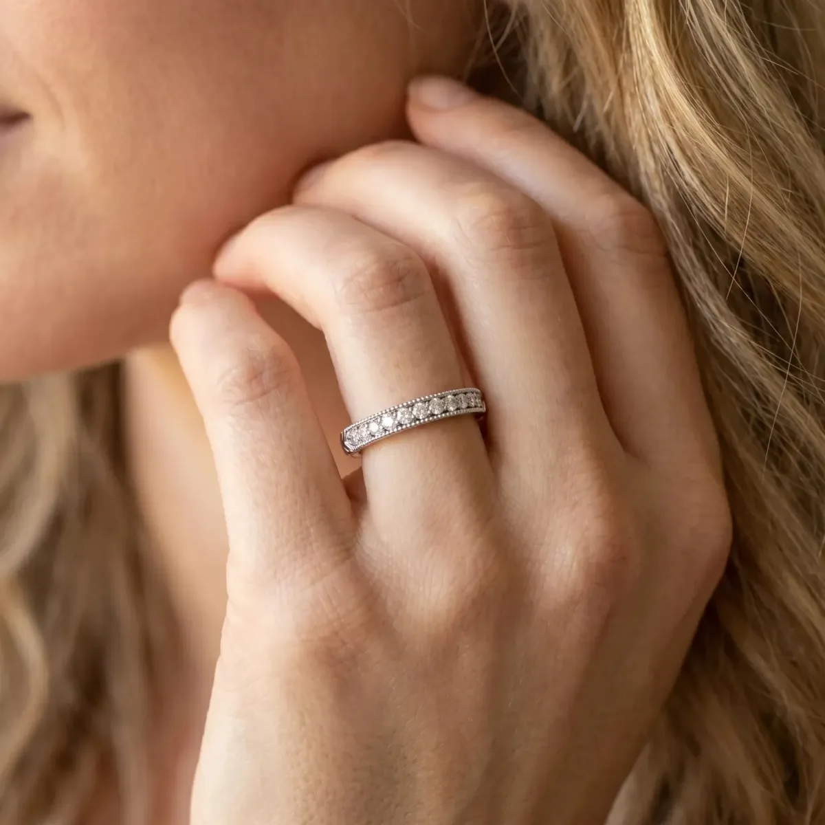 Round Cut Diamond Pavé Set Milgrain Edge Eternity Band Silver