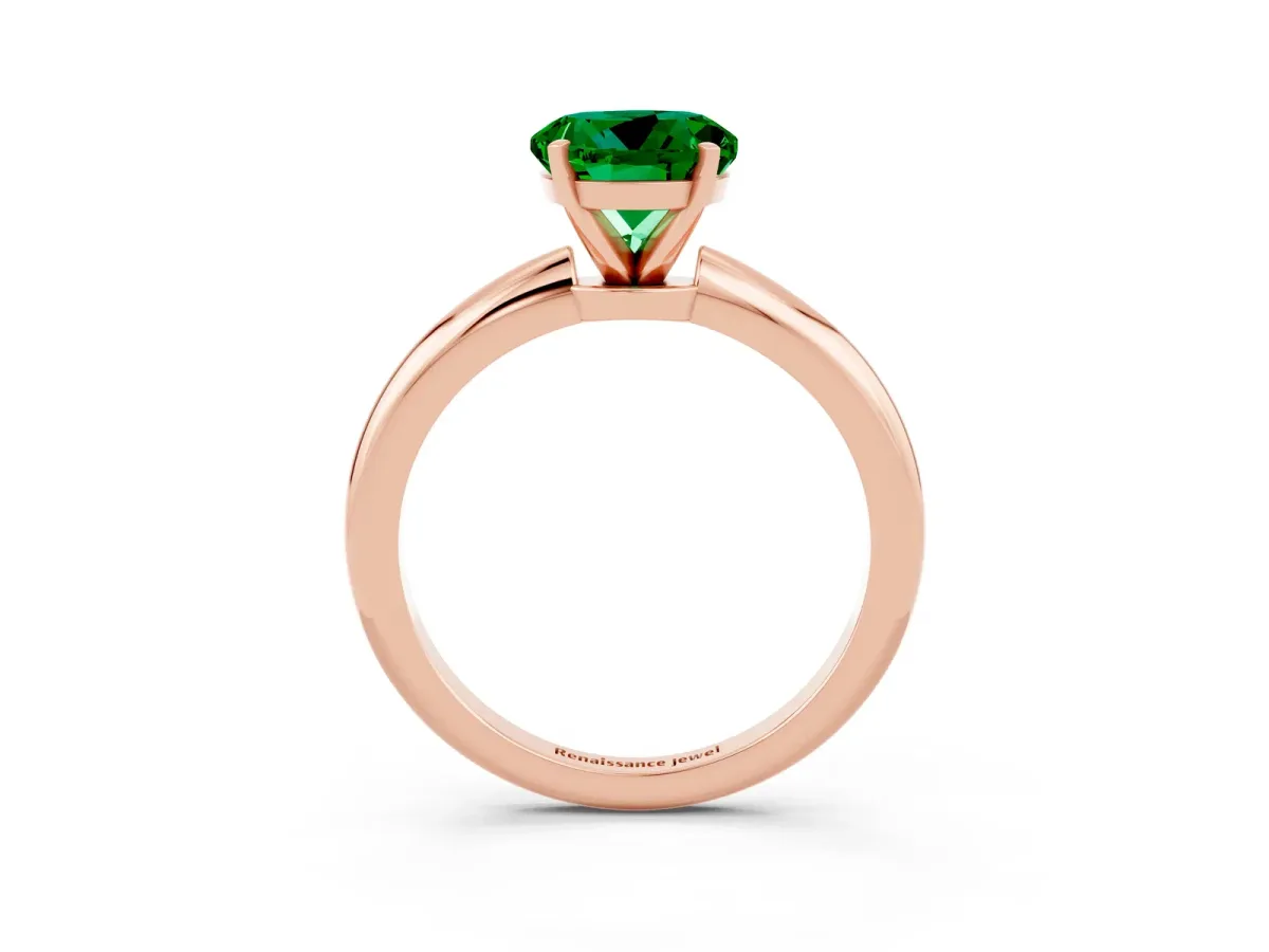 Round Cut Emerald Solitaire Ring with Six-Prong Setting and Classic Band Rose gold