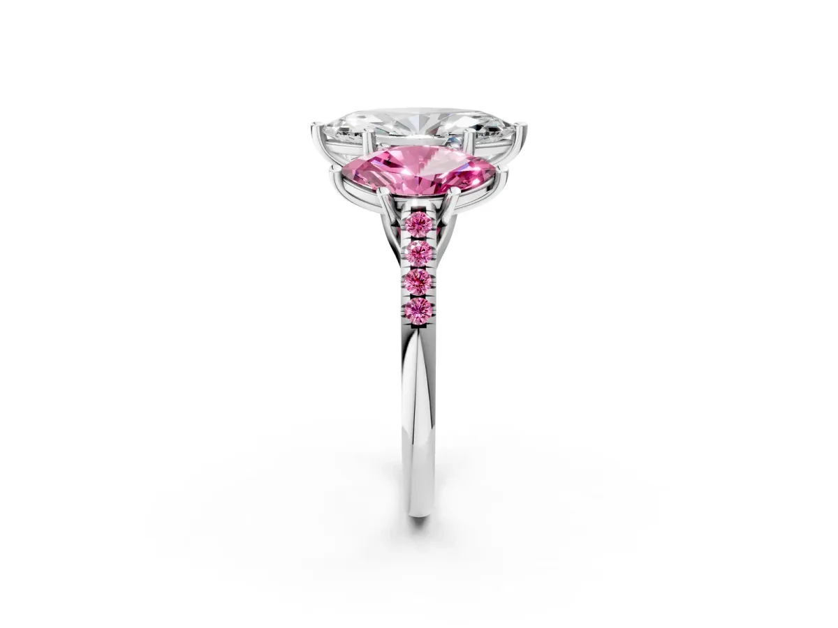 Three-Stone Marquise Cut Diamond Ring with Round Pink Sapphire Pavé Band and Prong Setting Silver
