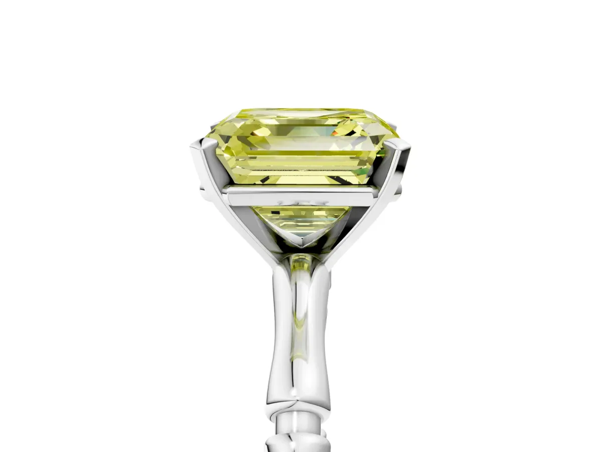 Fancy Yellow Asscher Cut Solitaire Diamond Ring with Bamboo Band and Four-Prong Setting Platinum
