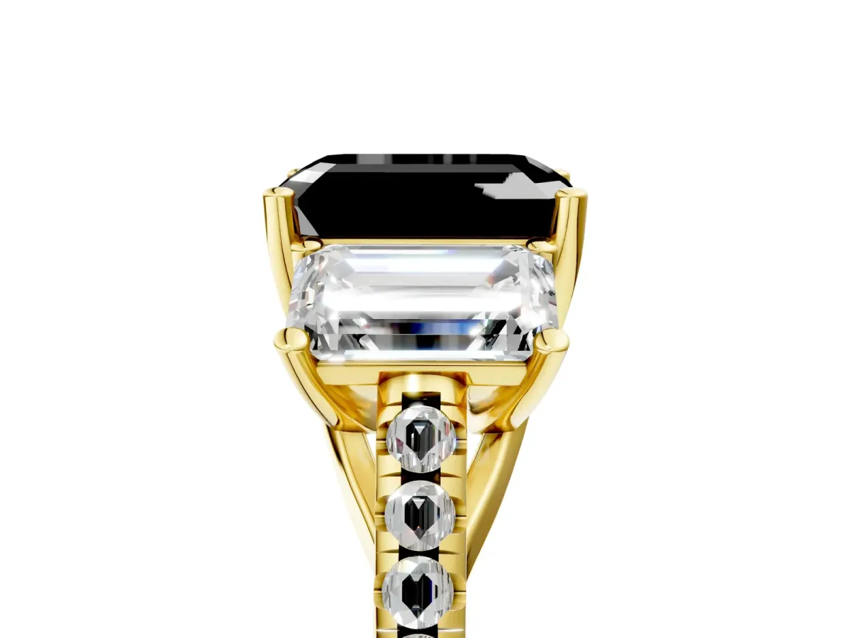 Fancy Black Three-Stone Emerald Cut Diamond Ring with Round Pavé Band and Prong Setting Yellow gold