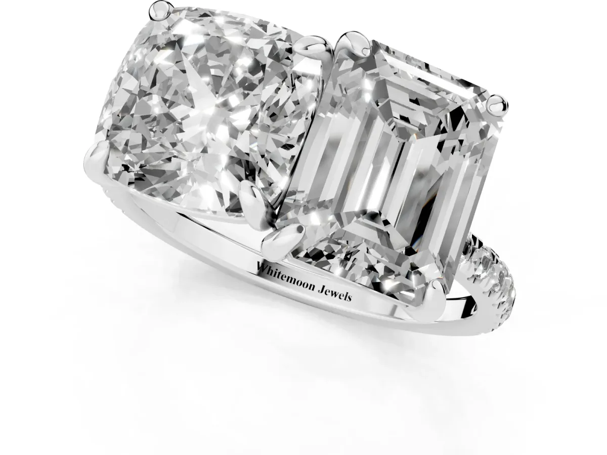 Cushion and Emerald Toi Moi Ring with Prong Setting and Pave Band Platinum