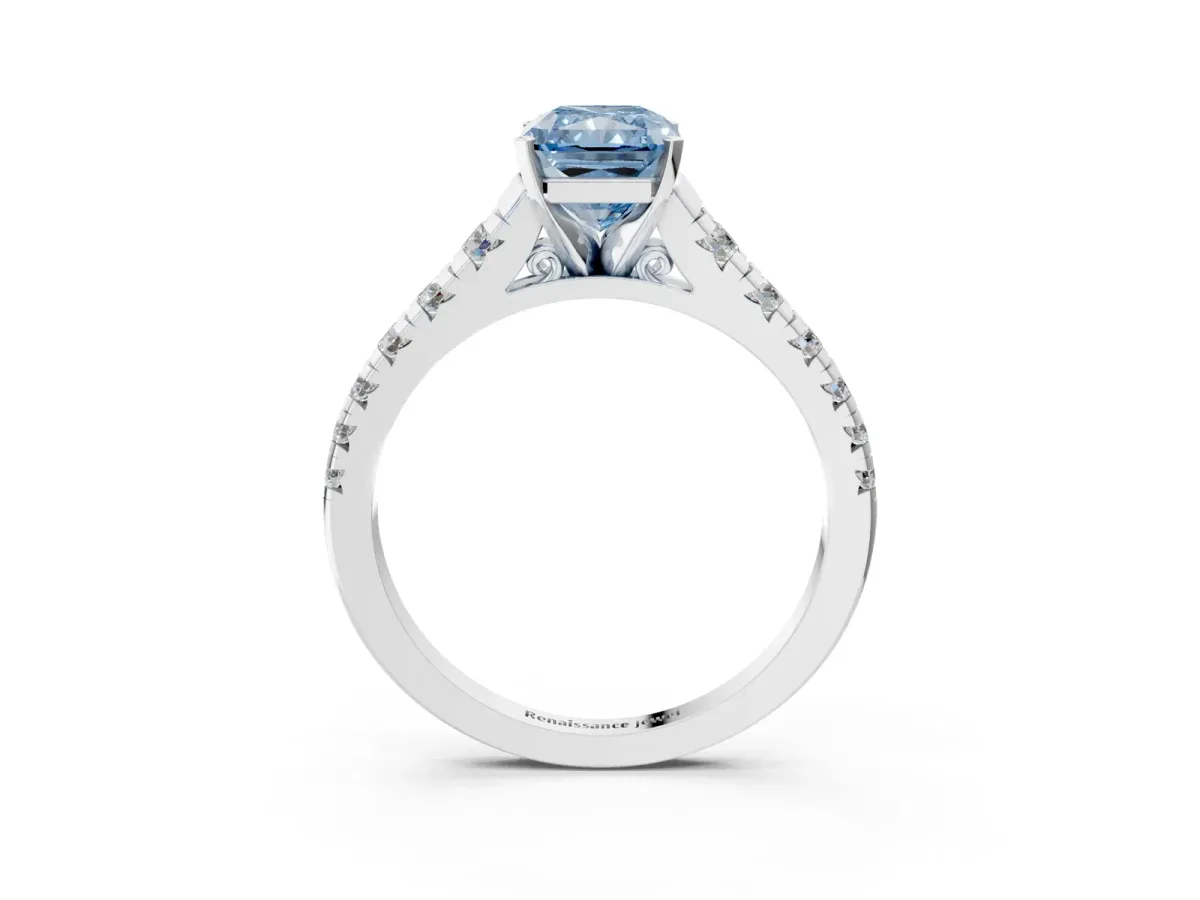 Fancy Blue Radiant Cut Diamond Cathedral Solitaire Ring with Round Pavé Band Silver