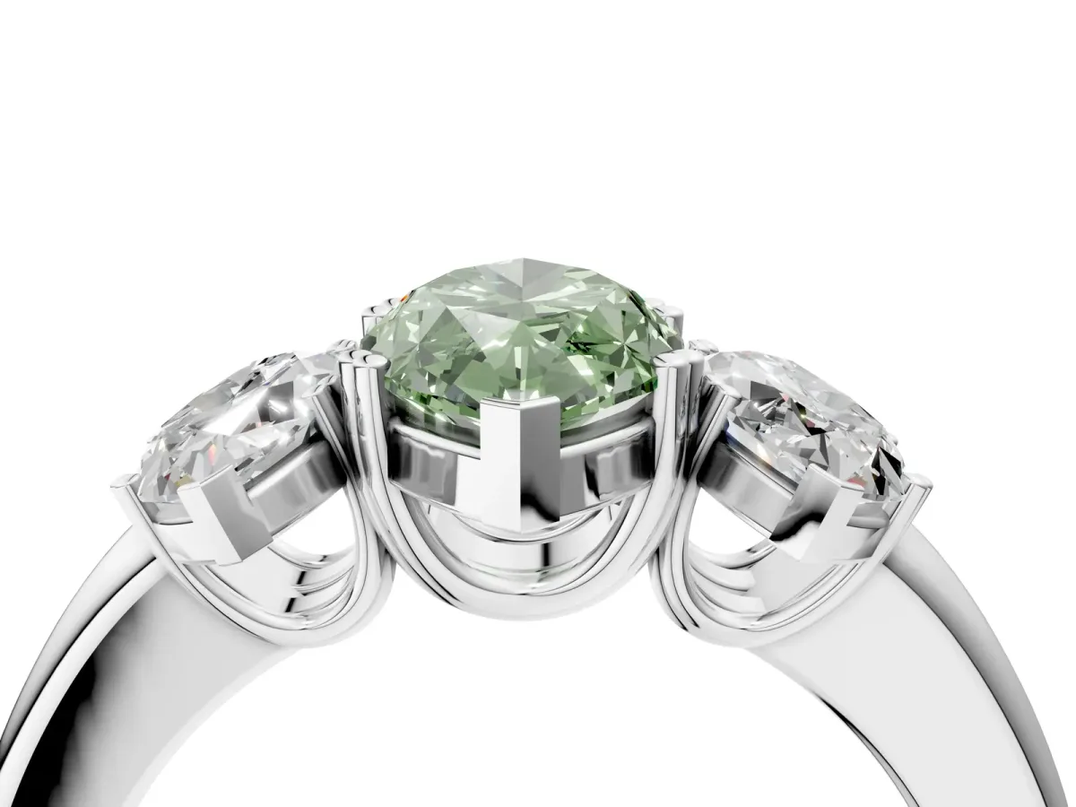 Fancy Green Three-Stone Marquise Cut Cut Diamond Ring with Channel Set Band and Four-Prong Setting Silver