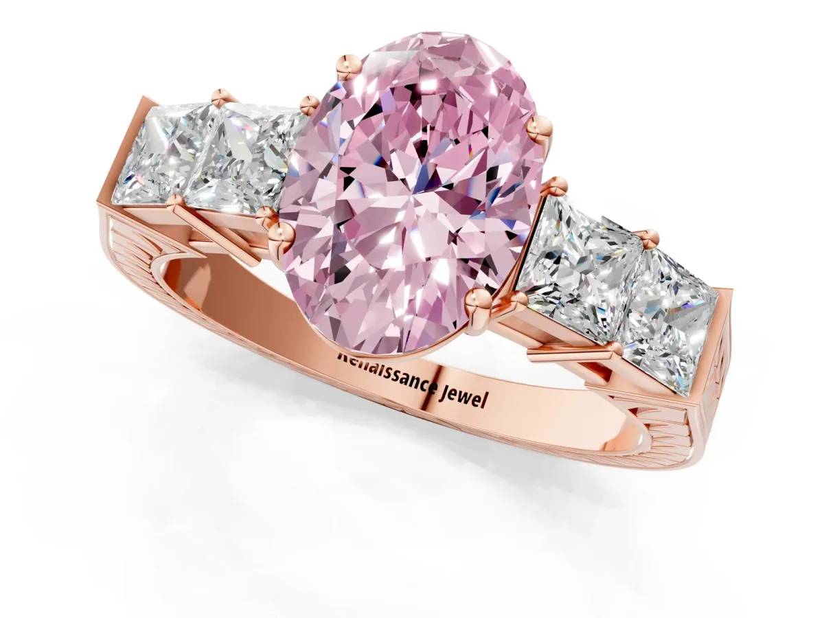 Fancy Pink Oval Cut Solitaire Princess Side Stone Engraved Band Prong Setting Ring Rose gold