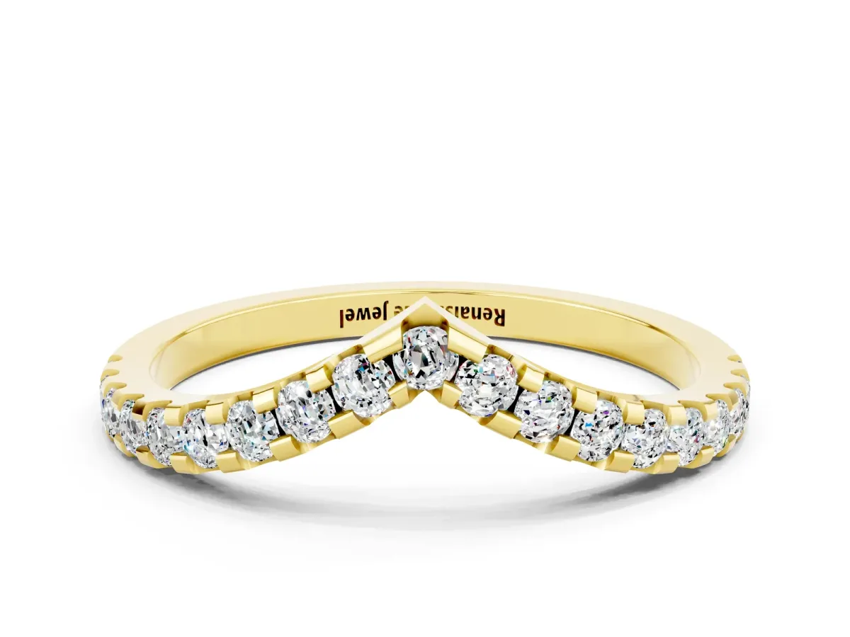 Pavé Round Moissanite Chevron Band with Shared Prong Setting Yellow gold