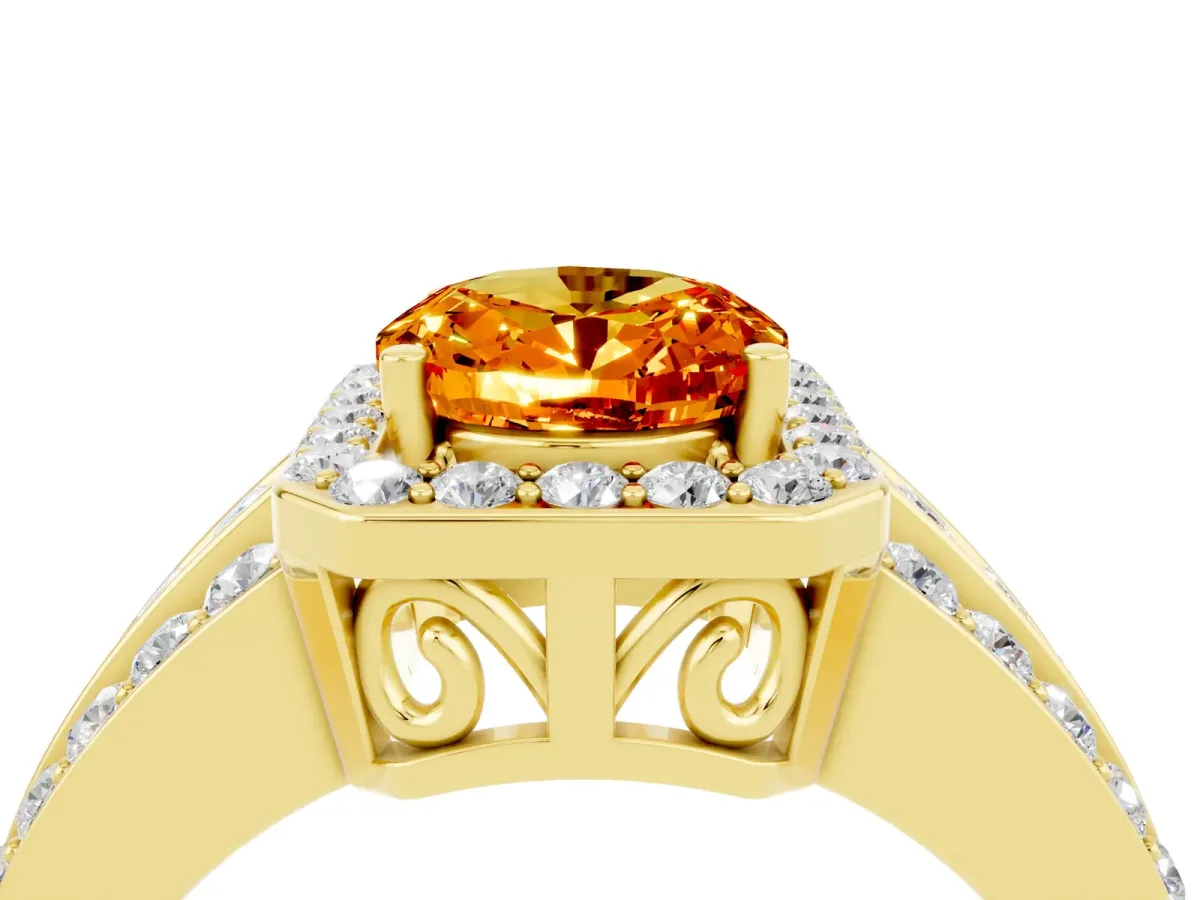 Oval Cut Halo Citrine Ring with Round Split Shank and Prong Setting Yellow gold