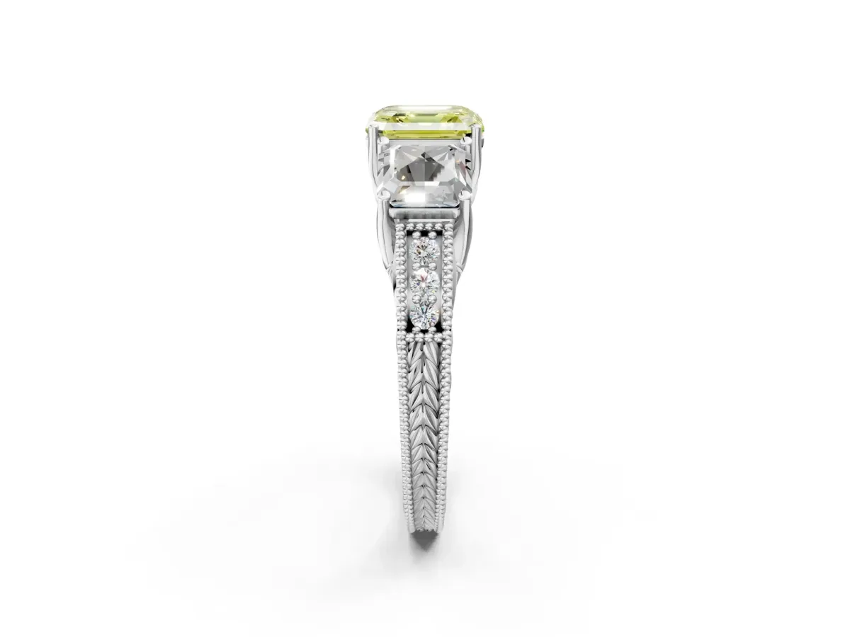 Fancy Yellow Three-Stone Asscher Cut Cut Milgrain Pavé Engagement Ring Platinum