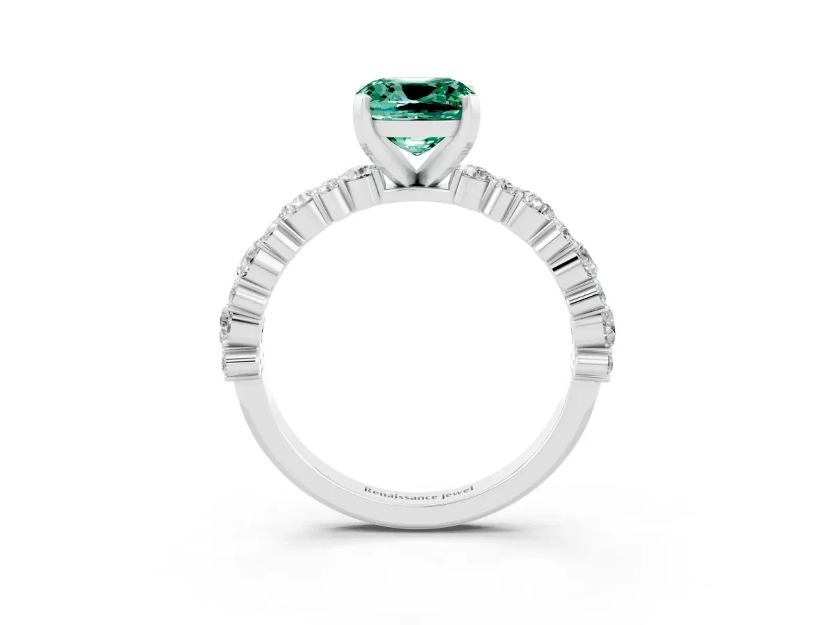 Cushion Cut Green Sapphire Side Stone Solitaire Ring with Round and Four-Prong Setting Silver
