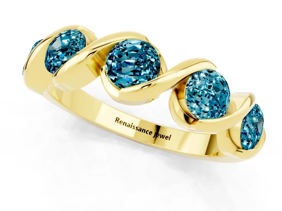 Round Blue Topaz Wave Band with Channel Setting and Shared Prongs Yellow gold