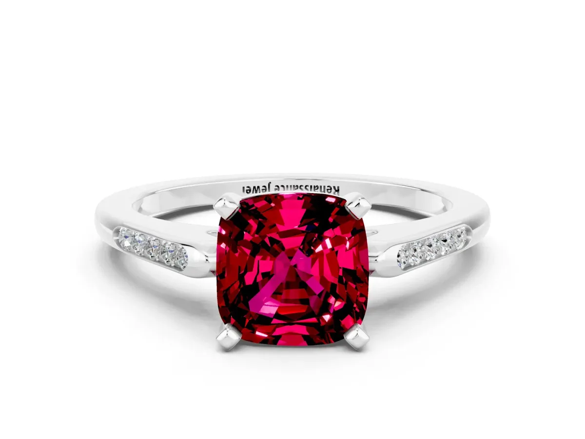 Cushion Cut Garnet Solitaire Ring with Channel Set Round Band and Prong Setting Silver