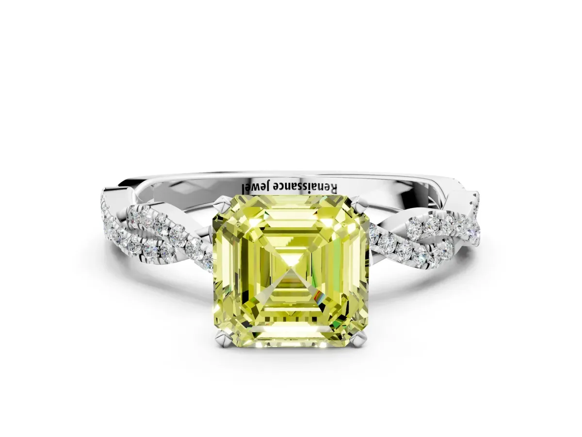 Fancy Yellow Asscher Cut Solitaire Twisted Pave Band with Four-Prong Setting Platinum