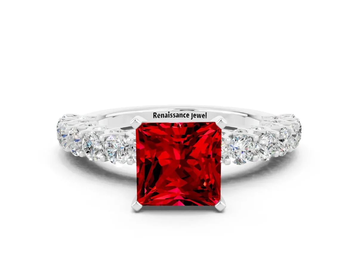 Princess Cut Ruby Solitaire Ring with Shared Prong Pavé Band and Four-Prong Setting White gold