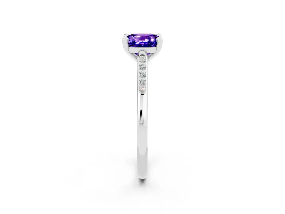 Cushion Cut Tanzanite Solitaire Ring with Channel Set Round Band and Prong Setting Silver
