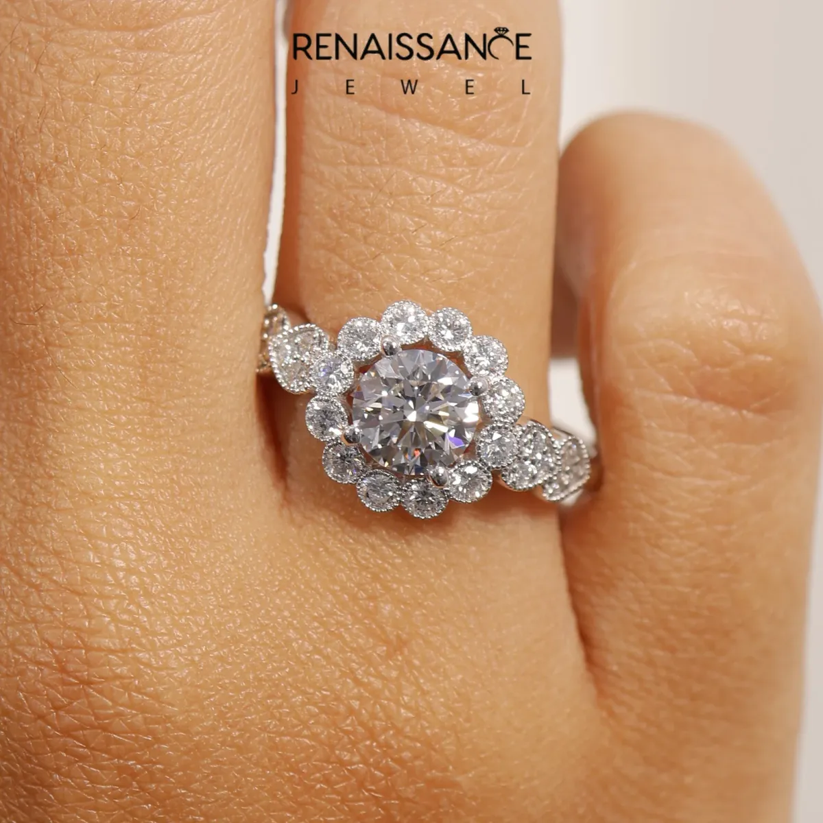 Asscher Cut Brilliant Milgrain Pave Heart Band Solitaire Ring Platinum