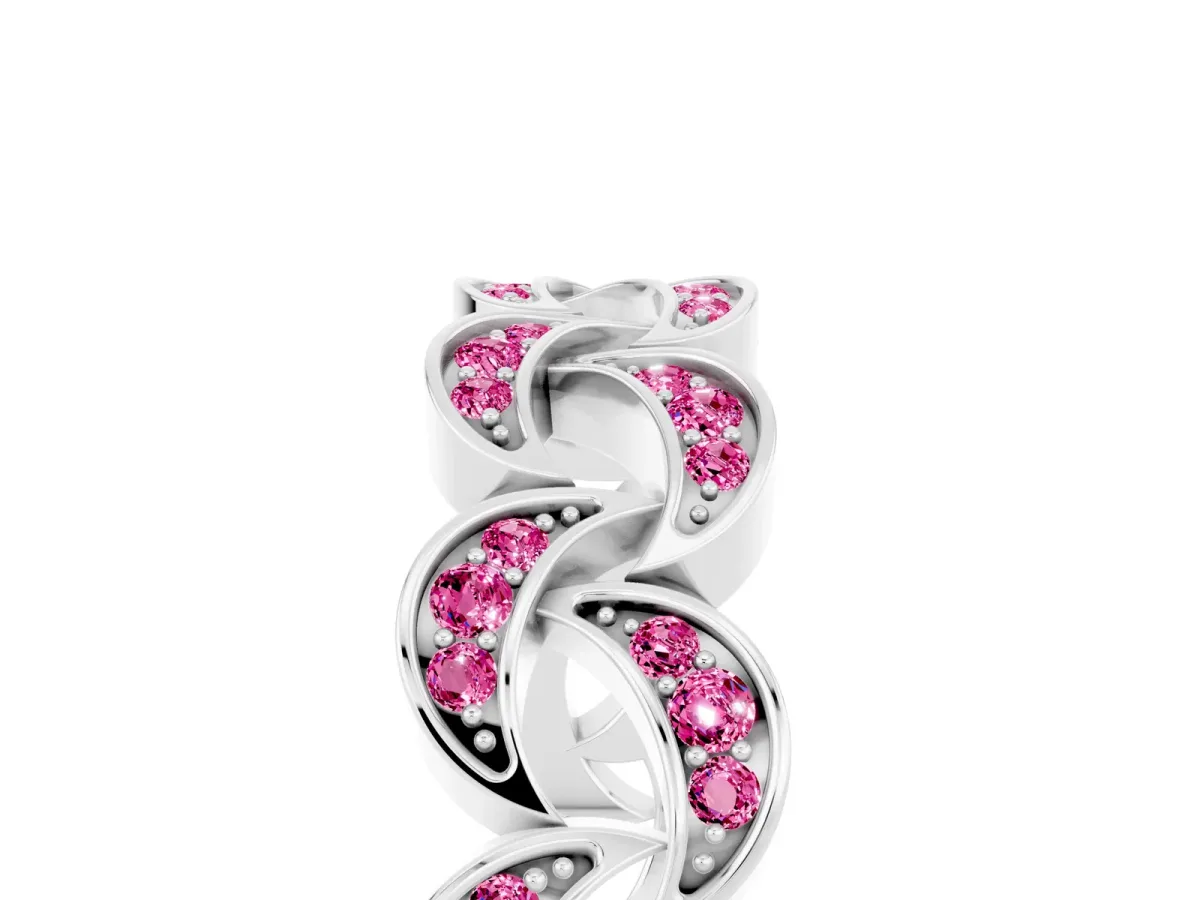 Pavé Round Pink Sapphire Interlocking Eternity Band with Bezel Prong Setting White gold