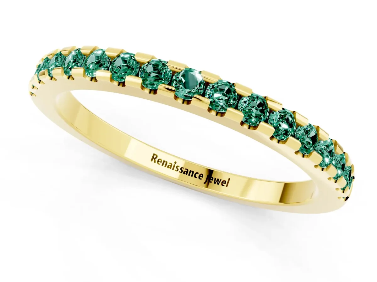 Round Green Sapphire Pavé Set Eternity Band with Micro Prong Setting Yellow gold