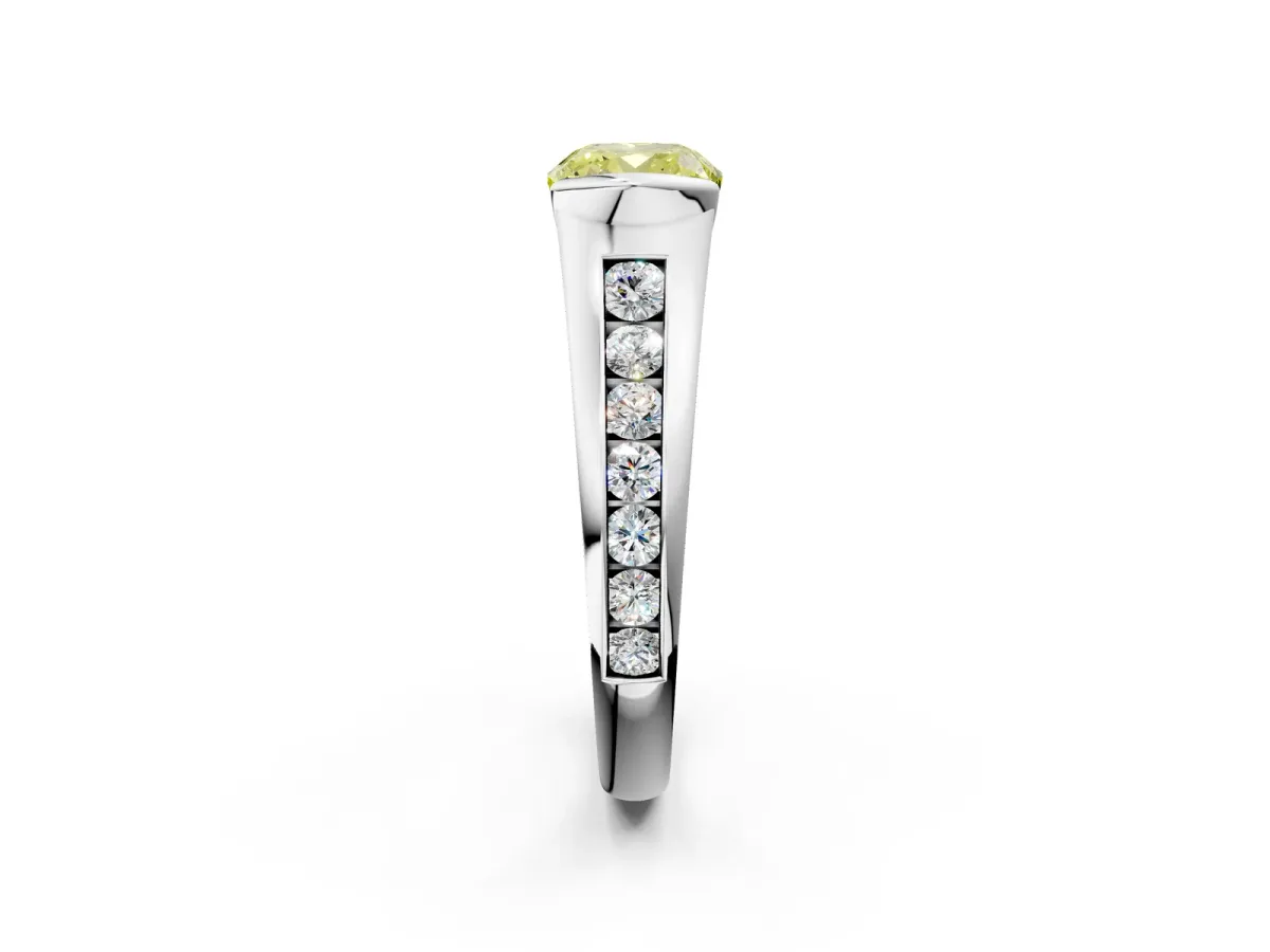 Fancy Yellow Cushion Cut Solitaire Bezel-Set Diamond Ring with Channel-Set Band Platinum