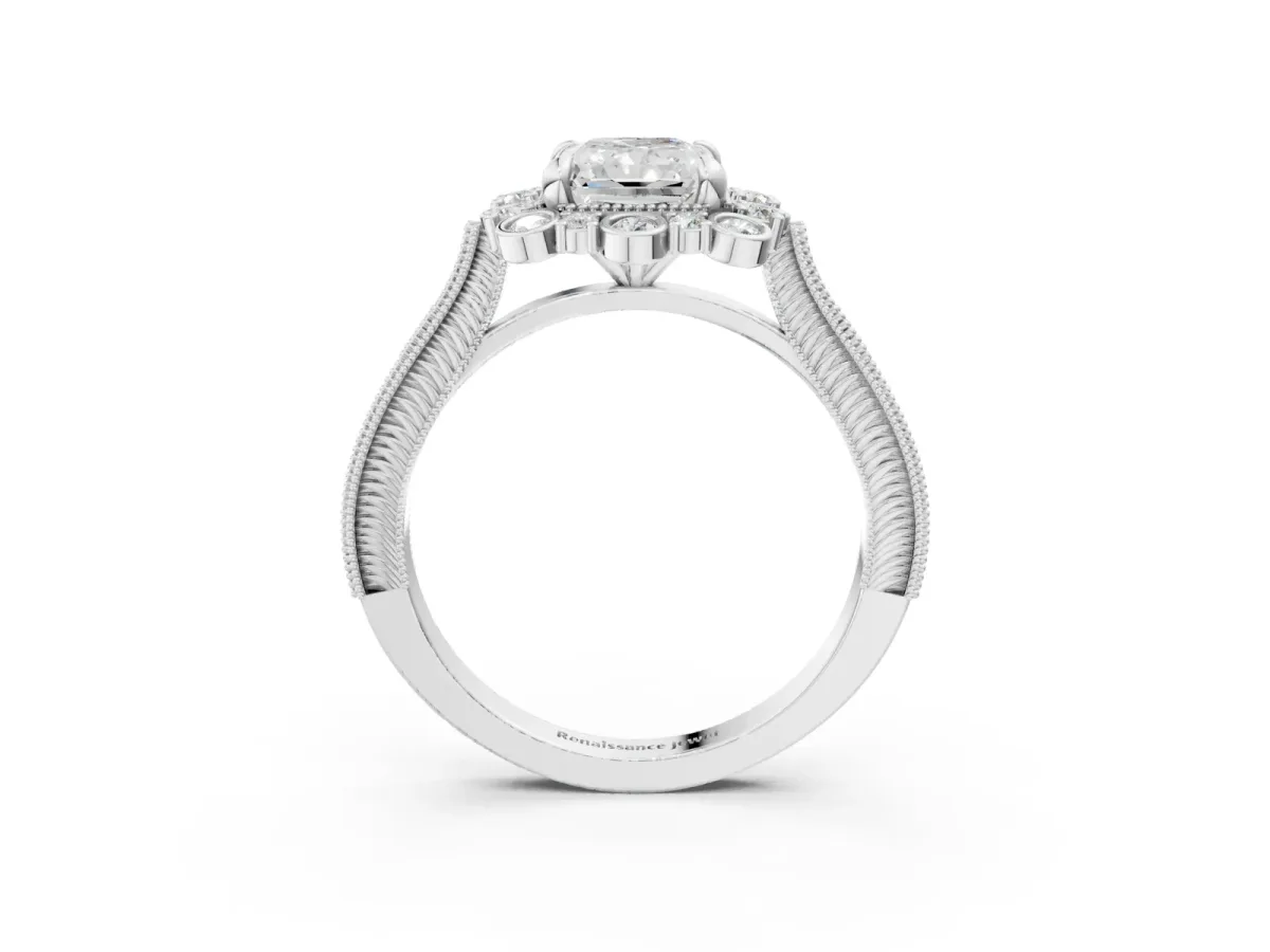 Radiant Cut Halo Milgrain Pave Diamond Ring with Four-Prong Setting Platinum