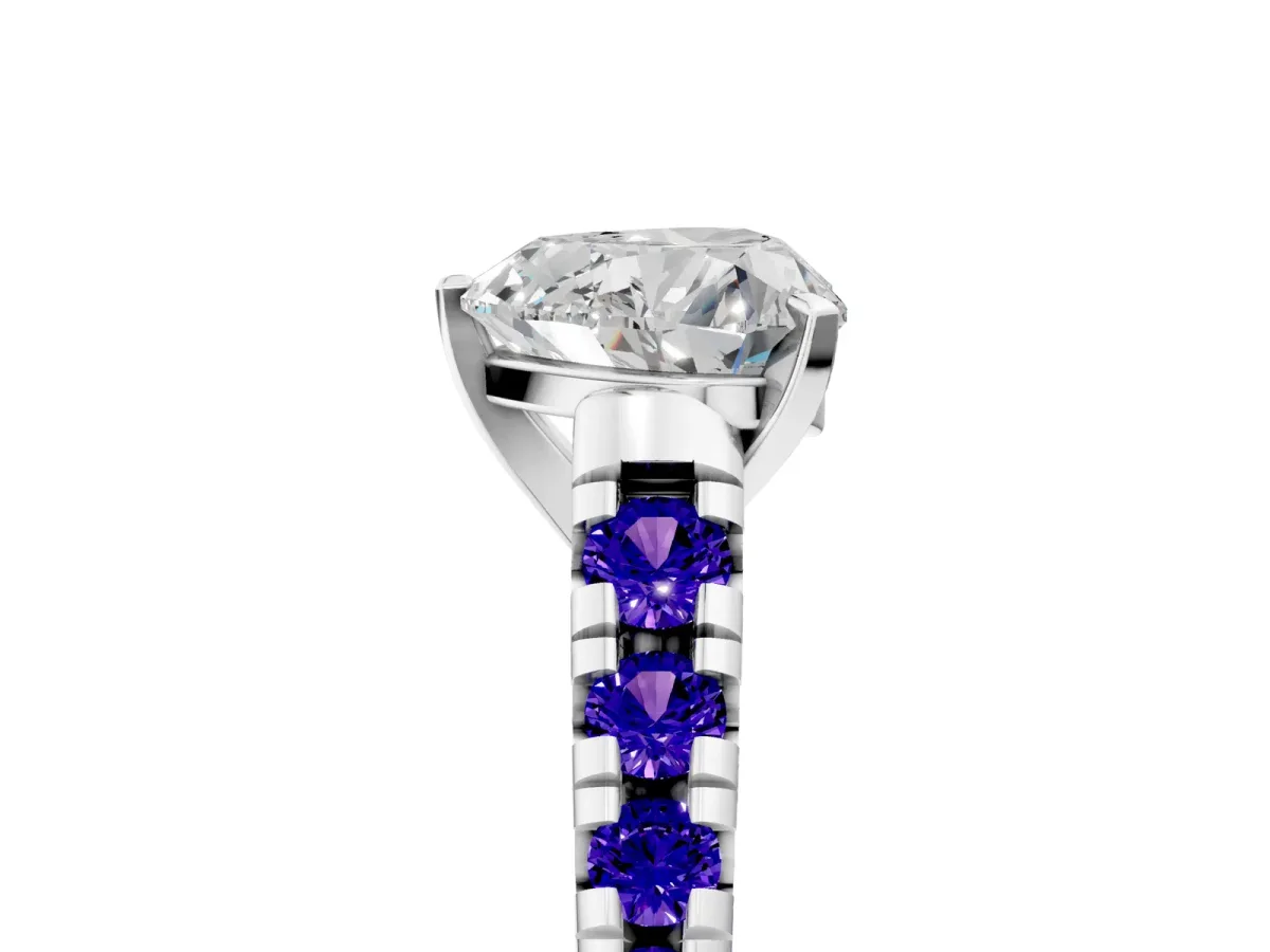 Heart Cut Diamond Cathedral Solitaire Ring with Round Tanzanite Pavé Band Silver