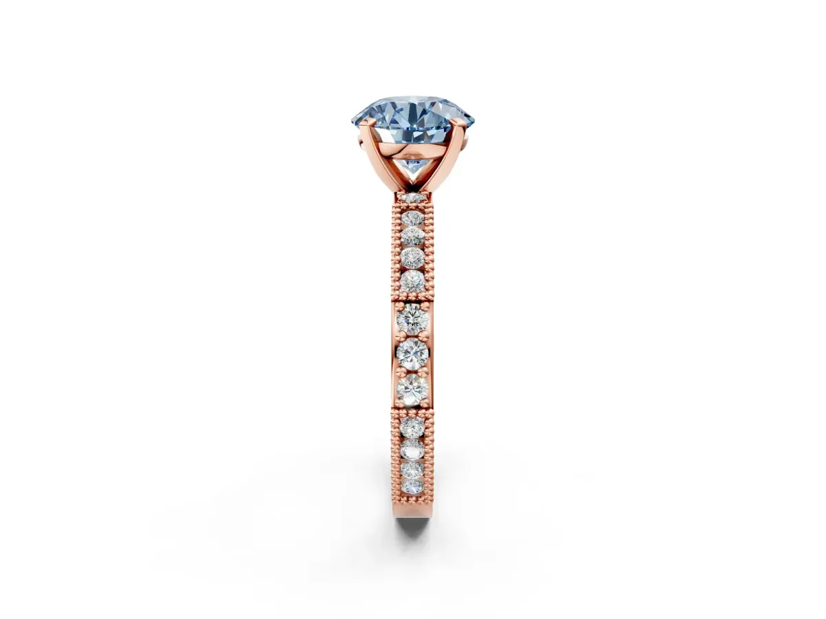 Fancy Blue Round Cut Solitaire with Pavé Band and Four-Prong Setting Rose gold
