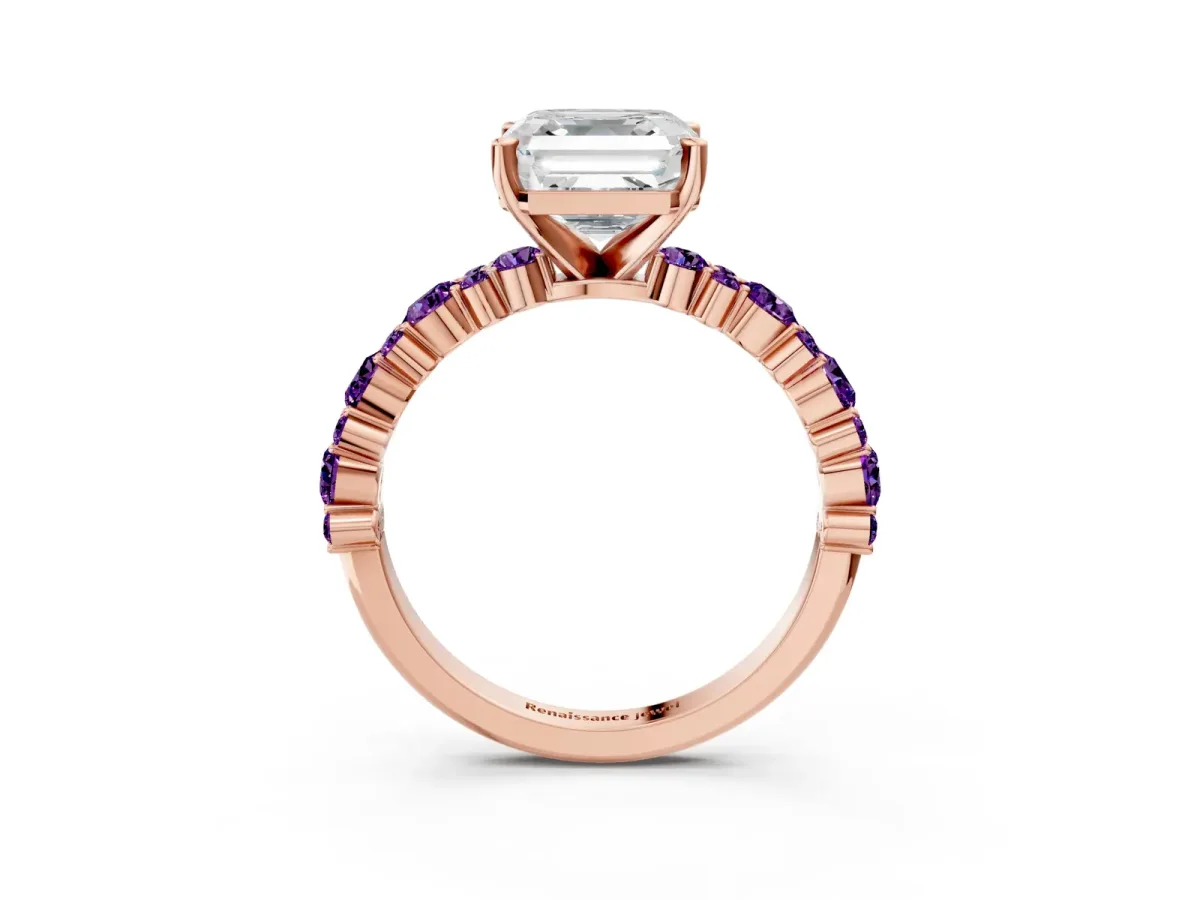 Asscher Cut Diamond Side Stone Solitaire Ring with Round Amethyst and Four-Prong Setting Rose gold