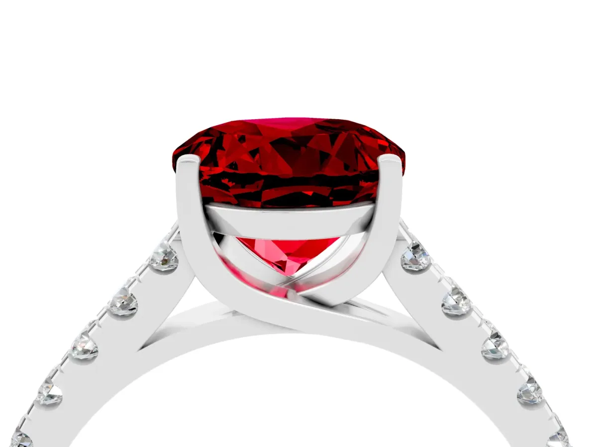Round Cut Ruby Pavé Band Solitaire Ring with Prong Setting White gold