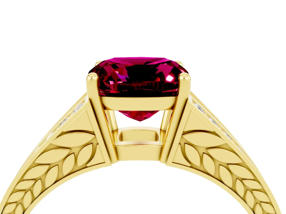 Cushion Cut Garnet Split Shank Ring with Pavé Band and Four-Prong Setting Yellow gold