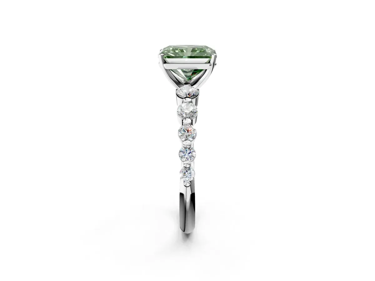 Fancy Green Radiant Cut Solitaire Diamond Ring with Pave Band and Four-Prong Setting Silver