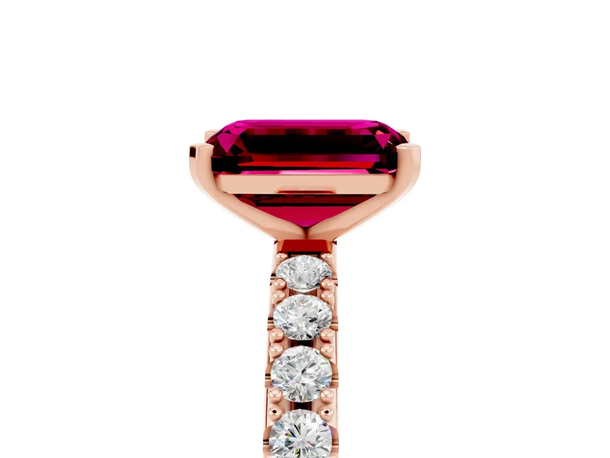 Emerald Cut Garnet Solitaire Pavé Band with Four-Prong Setting Rose gold