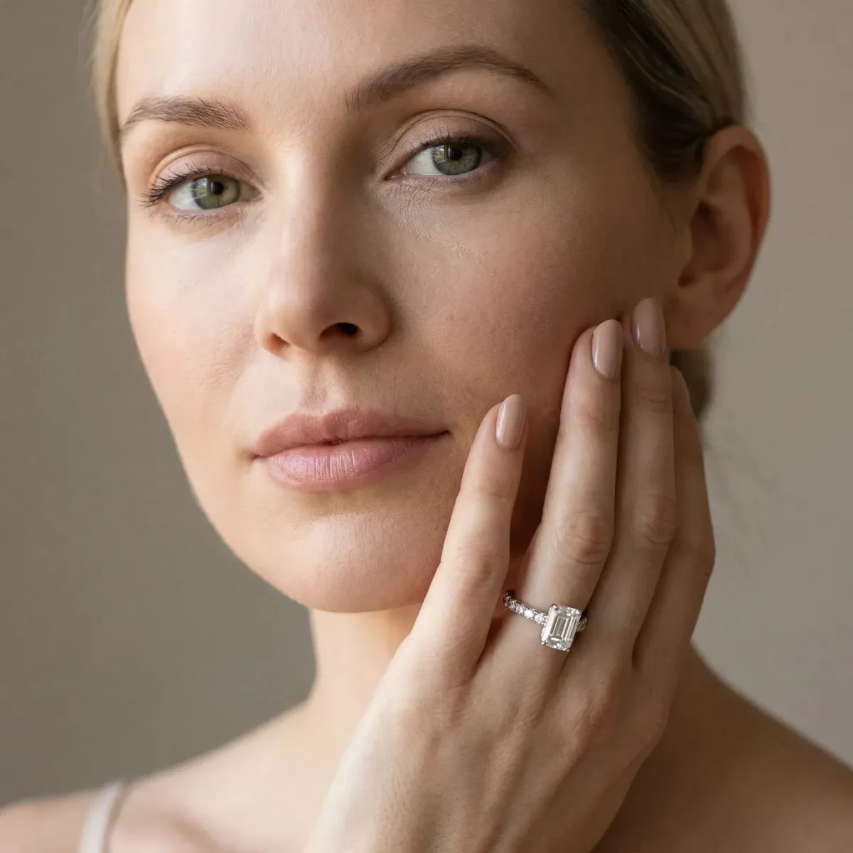 Emerald Cut Diamond Pave Band Solitaire Ring with Round and Prong Setting White gold