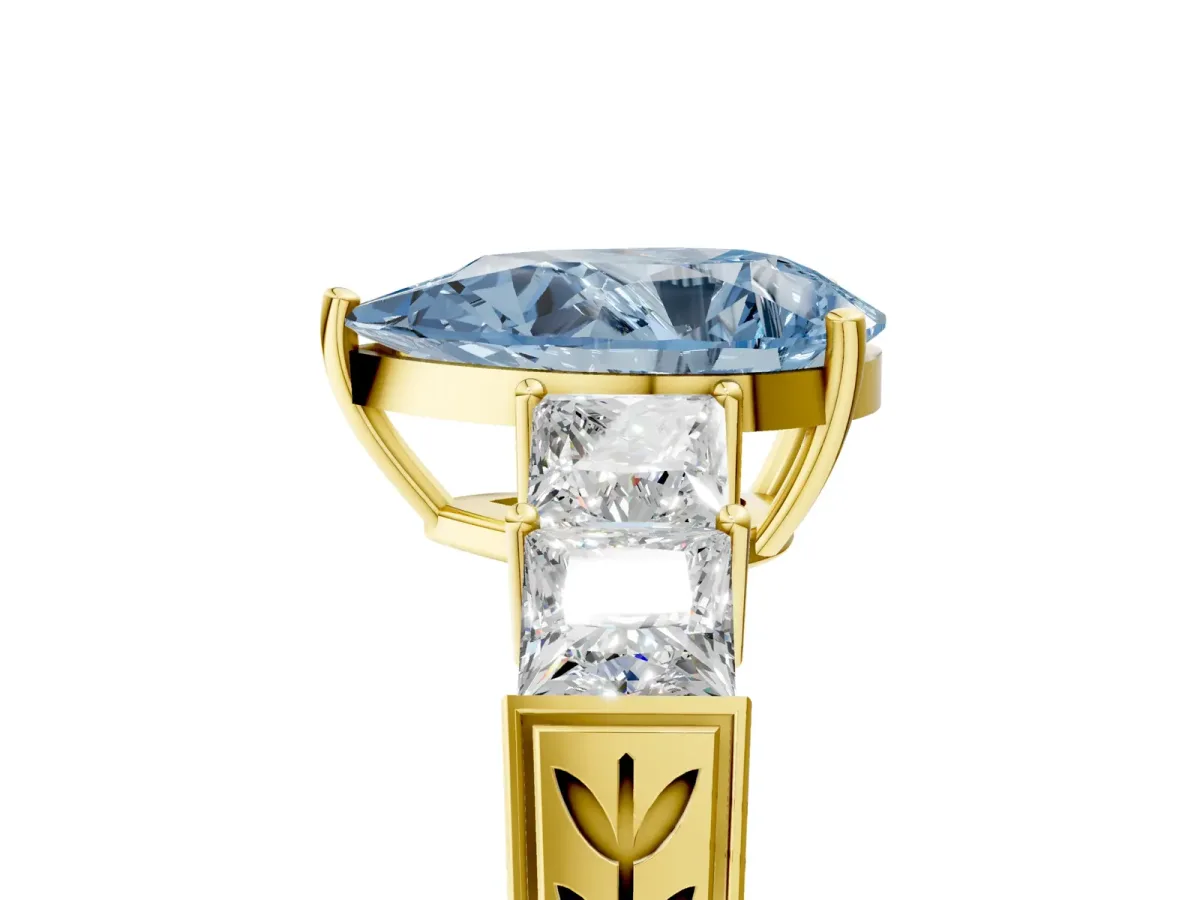 Fancy Blue Pear Cut Solitaire Princess Side Stone Engraved Band Prong Setting Ring Yellow gold