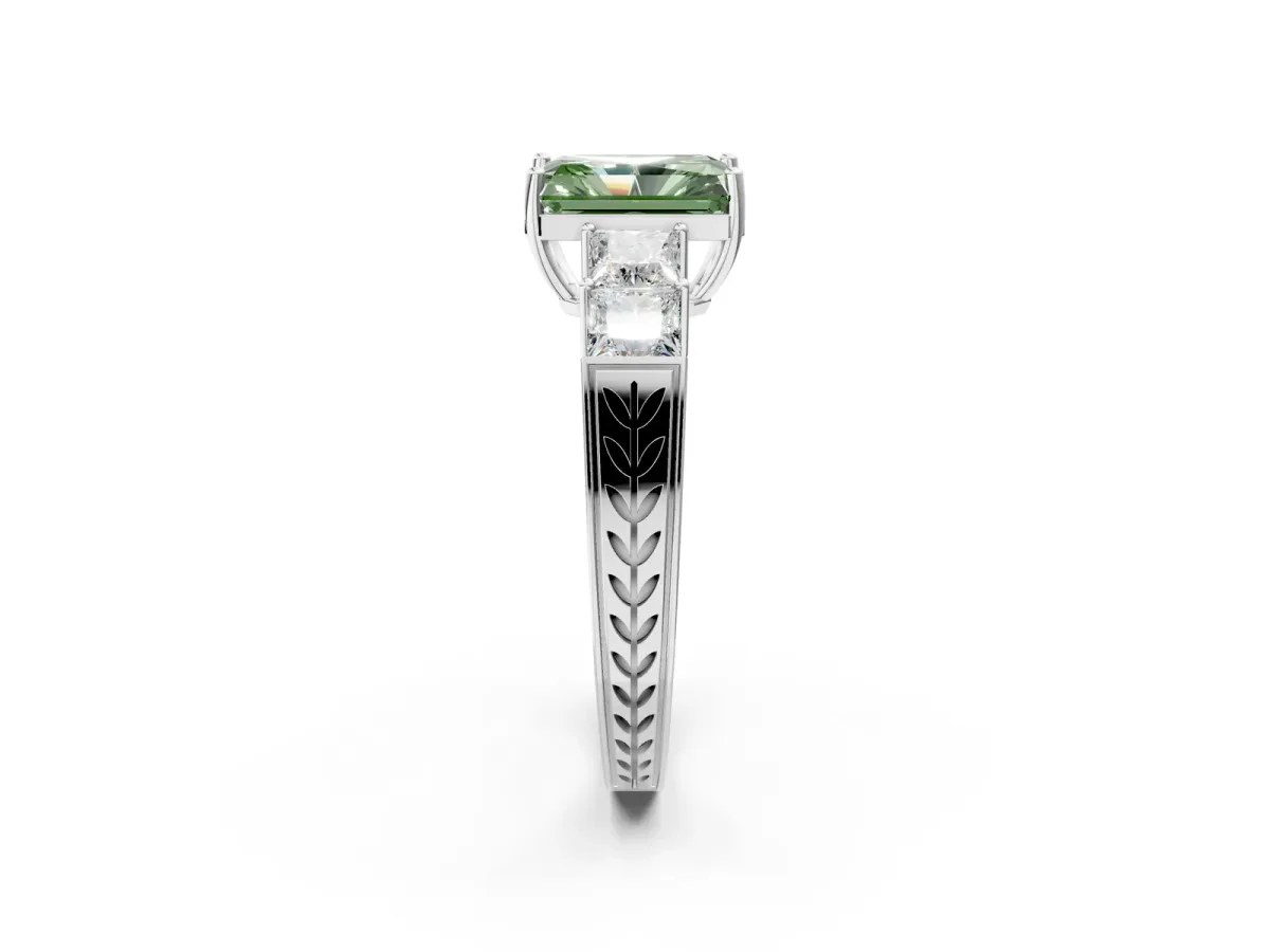 Fancy Green Radiant Cut Solitaire Princess Side Stone Engraved Band Prong Setting Ring Silver