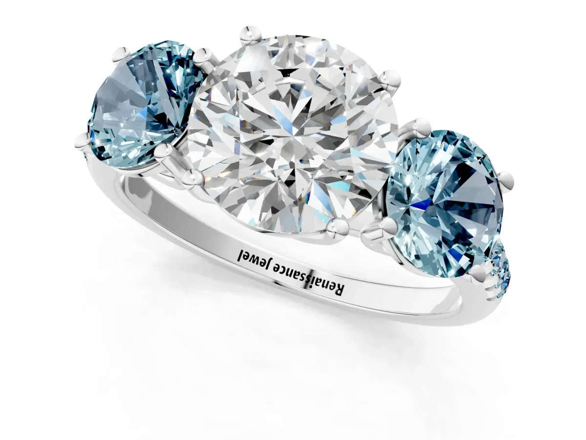 Three-Stone Round Cut Diamond Ring with Round Aquamarine Pavé Band and Prong Setting Silver