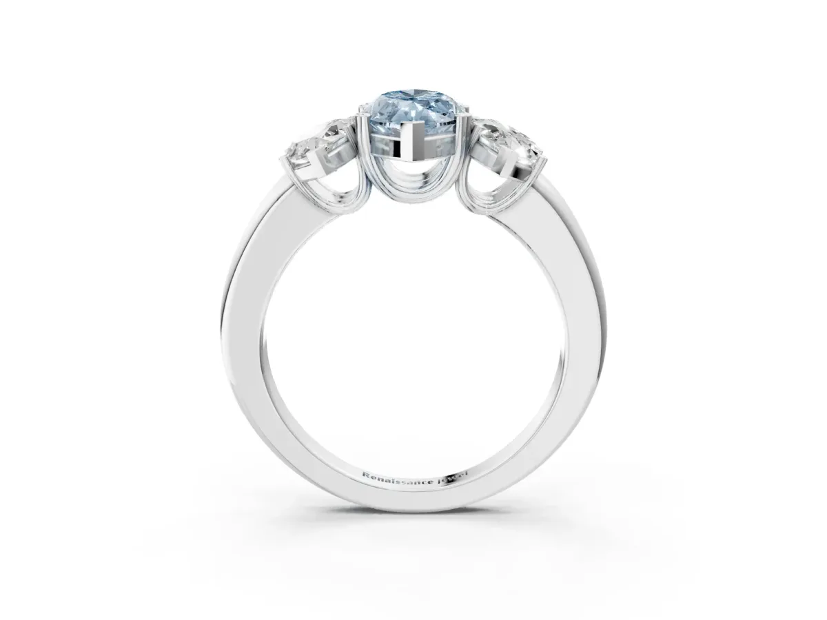Fancy Blue Three-Stone Marquise Cut Cut Diamond Ring with Channel Set Band and Four-Prong Setting Platinum