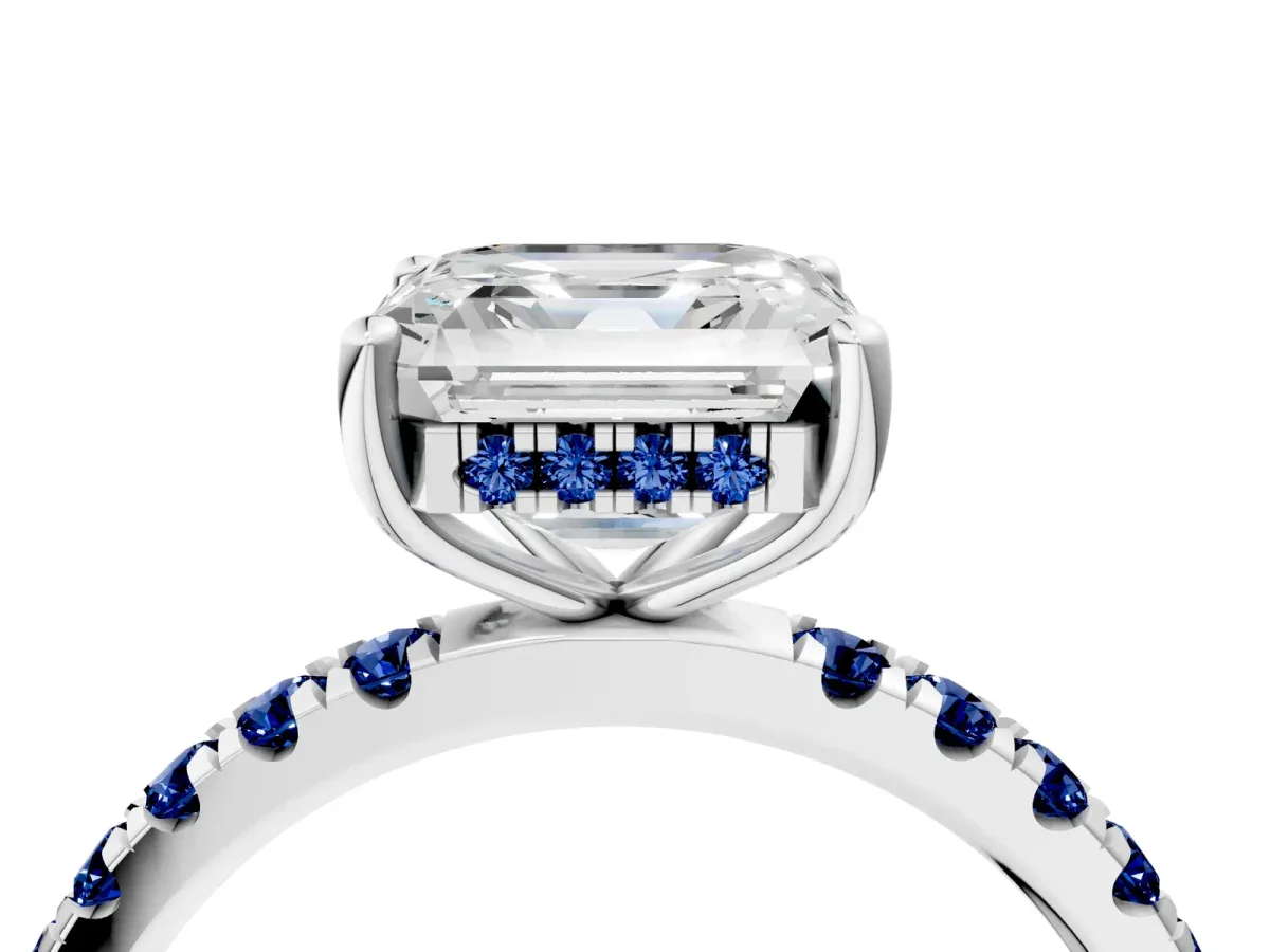 Asscher Cut Diamond Pave Band Solitaire Ring with Round Blue Sapphire and Prong Setting Silver