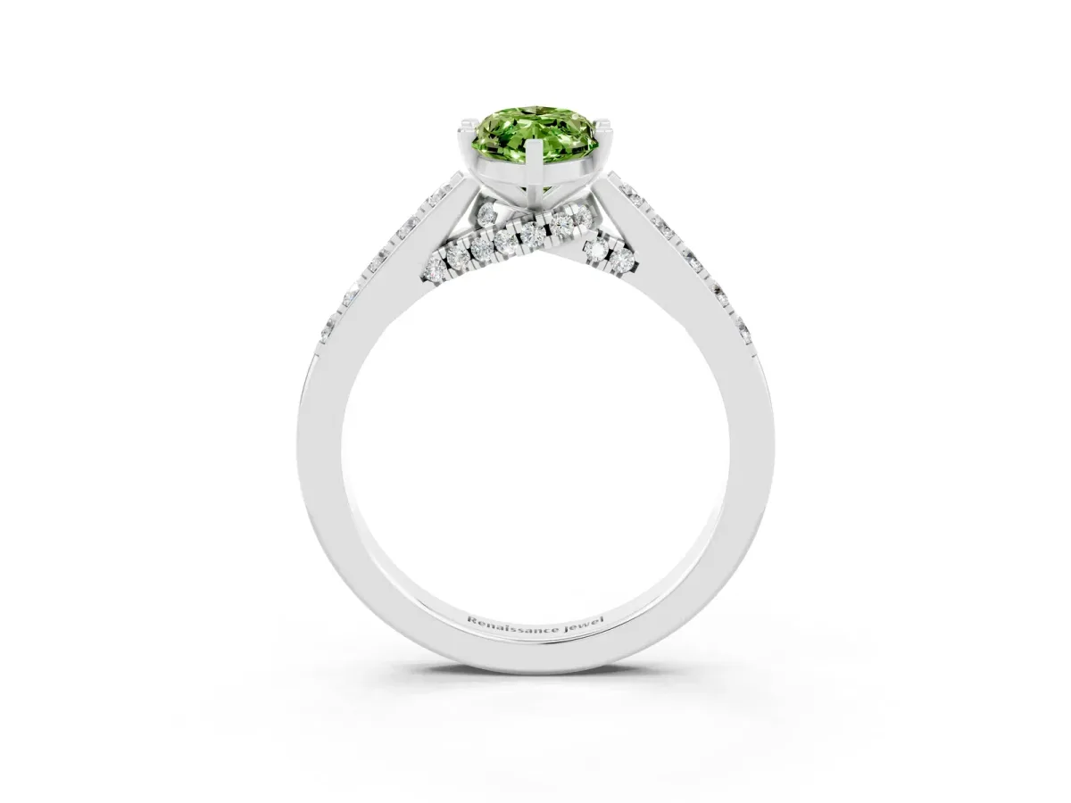 Marquise Cut Peridot Solitaire Ring with Crossover Gallery and Round Pavé Band Silver