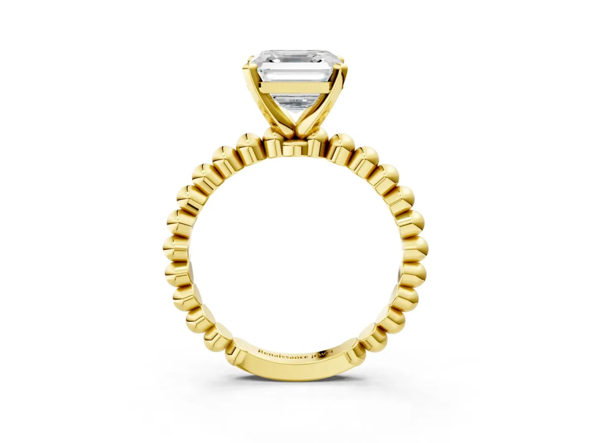 Asscher Cut Diamond Solitaire Ring with Beaded Band and Prong Setting Yellow gold