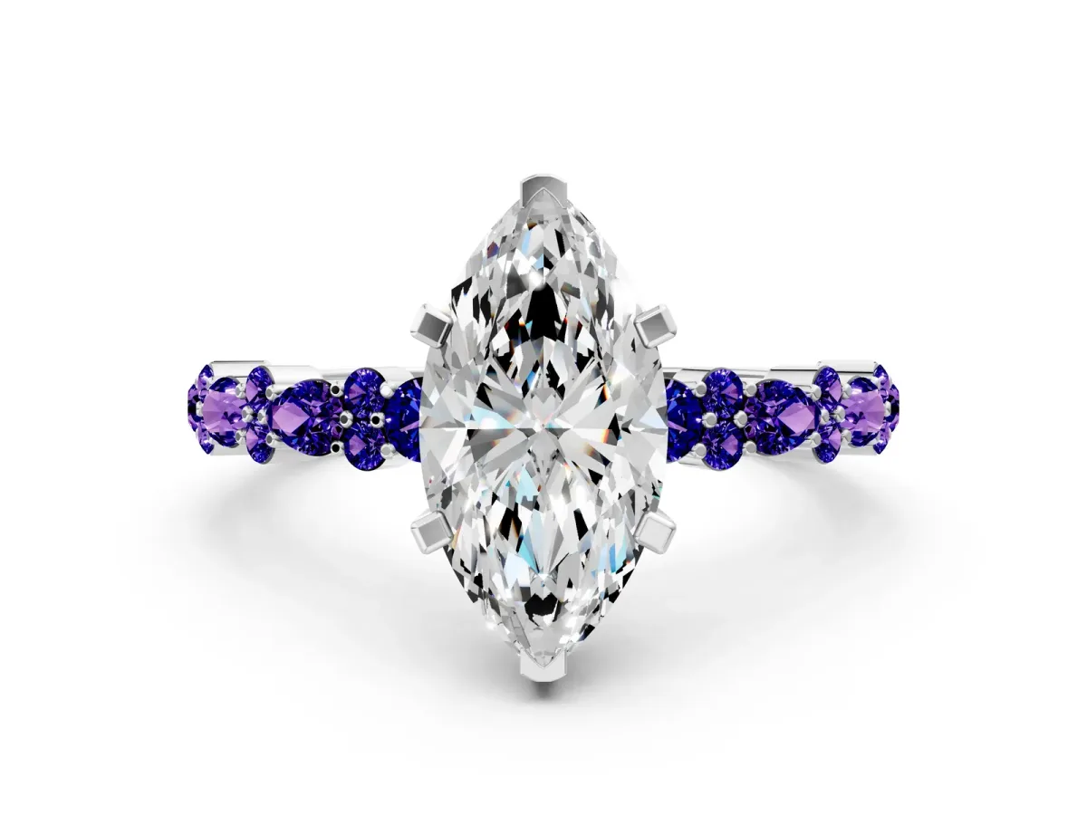 Marquise Cut Diamond Side Stone Solitaire Ring with Round Tanzanite and Four-Prong Setting Silver