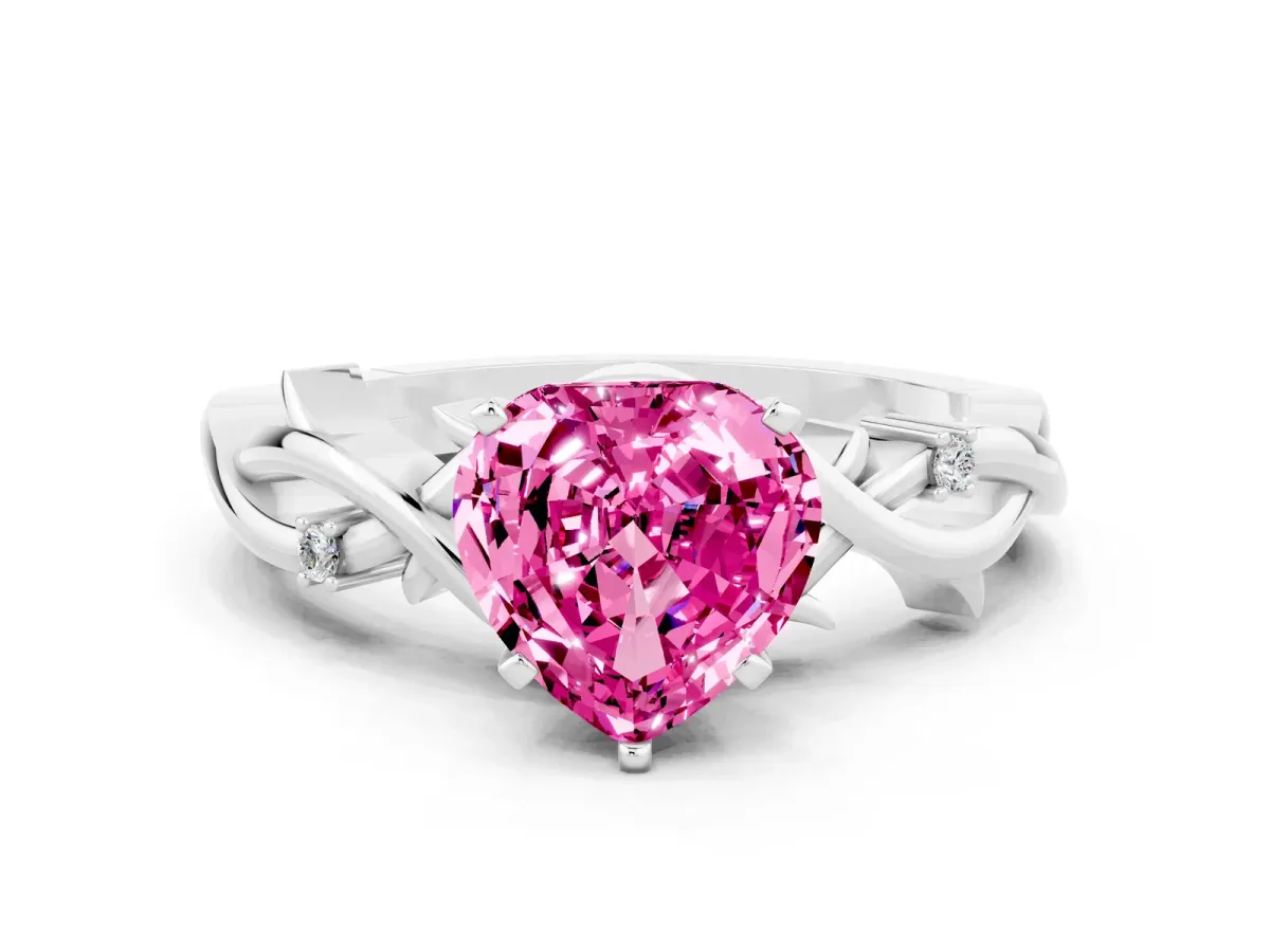 Heart Cut Pink Sapphire Solitaire Ring with Twisted Band and Prong Setting Silver