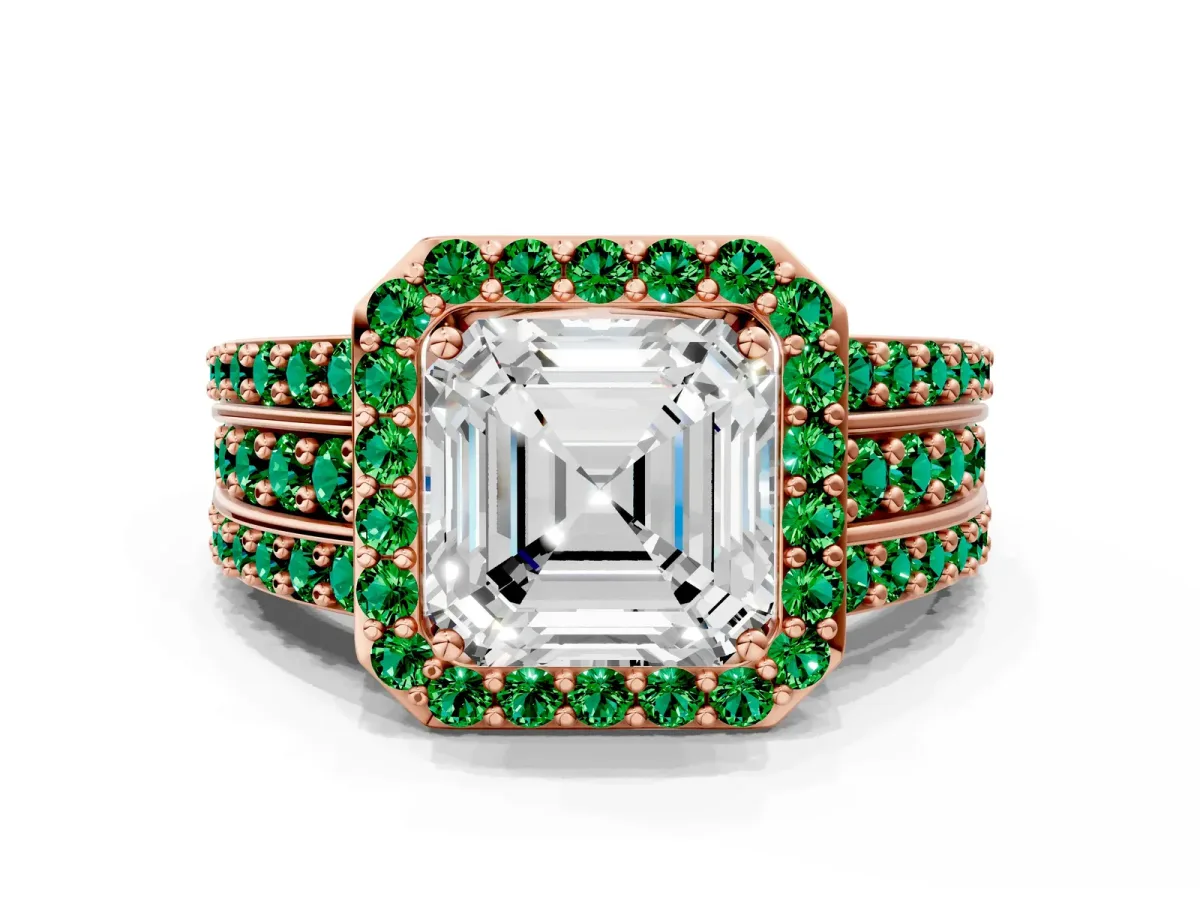 Asscher Cut Halo Diamond Ring with Round Emerald Split Shank and Prong Setting Rose gold