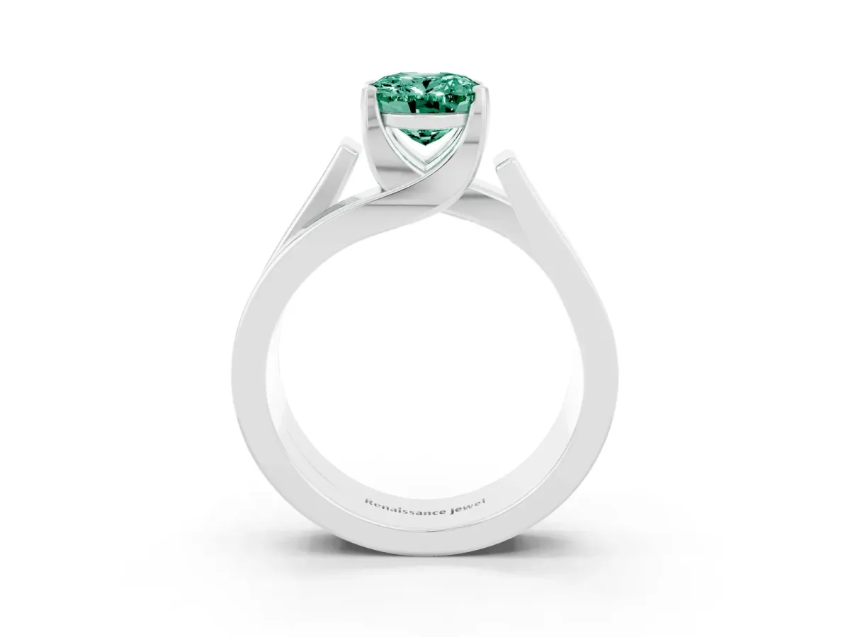 Modern Tension Set Oval Cut Green Sapphire Solitaire Wide Band Ring Silver