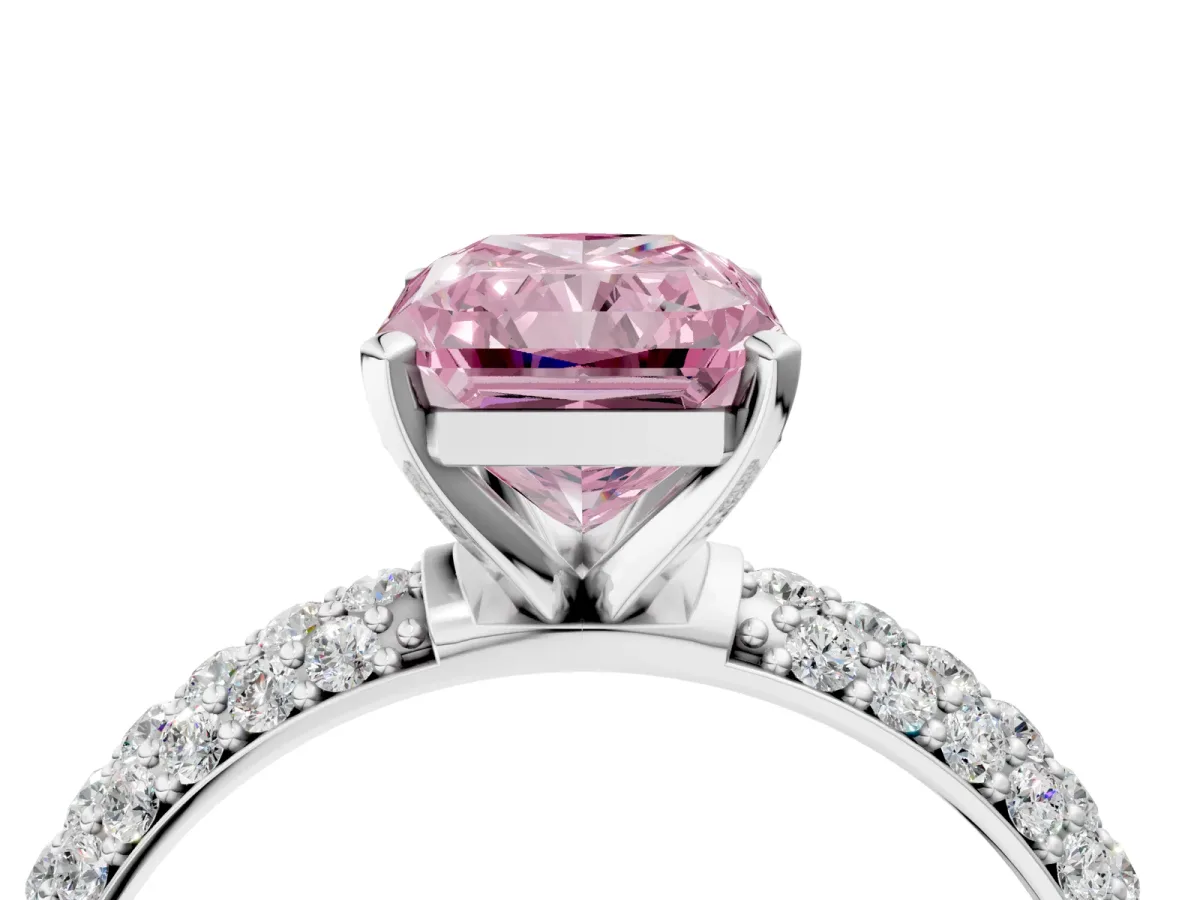 Fancy Pink Radiant Cut Diamond Solitaire Ring with Prong Setting and Pavé Band Platinum