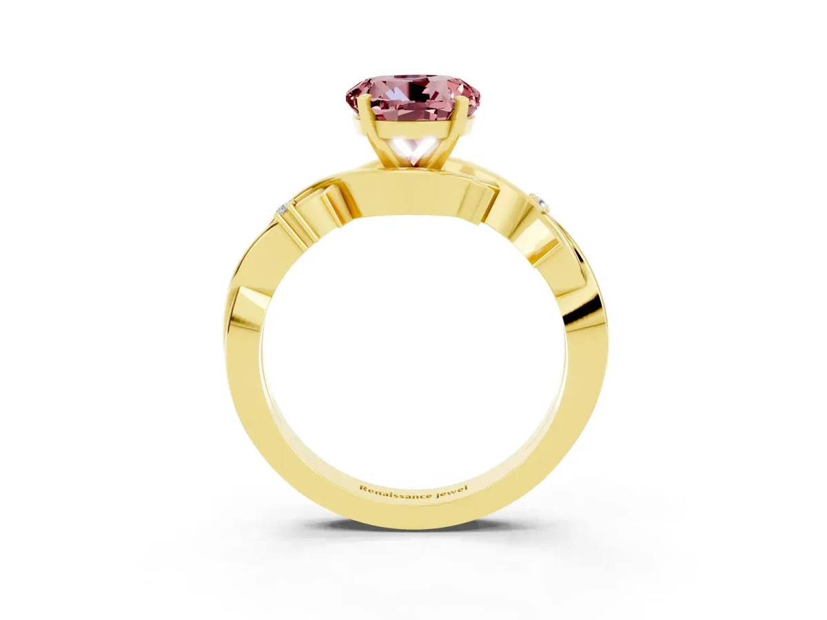 Round Cut Morganite Solitaire Ring with Twisted Band and Prong Setting Yellow gold