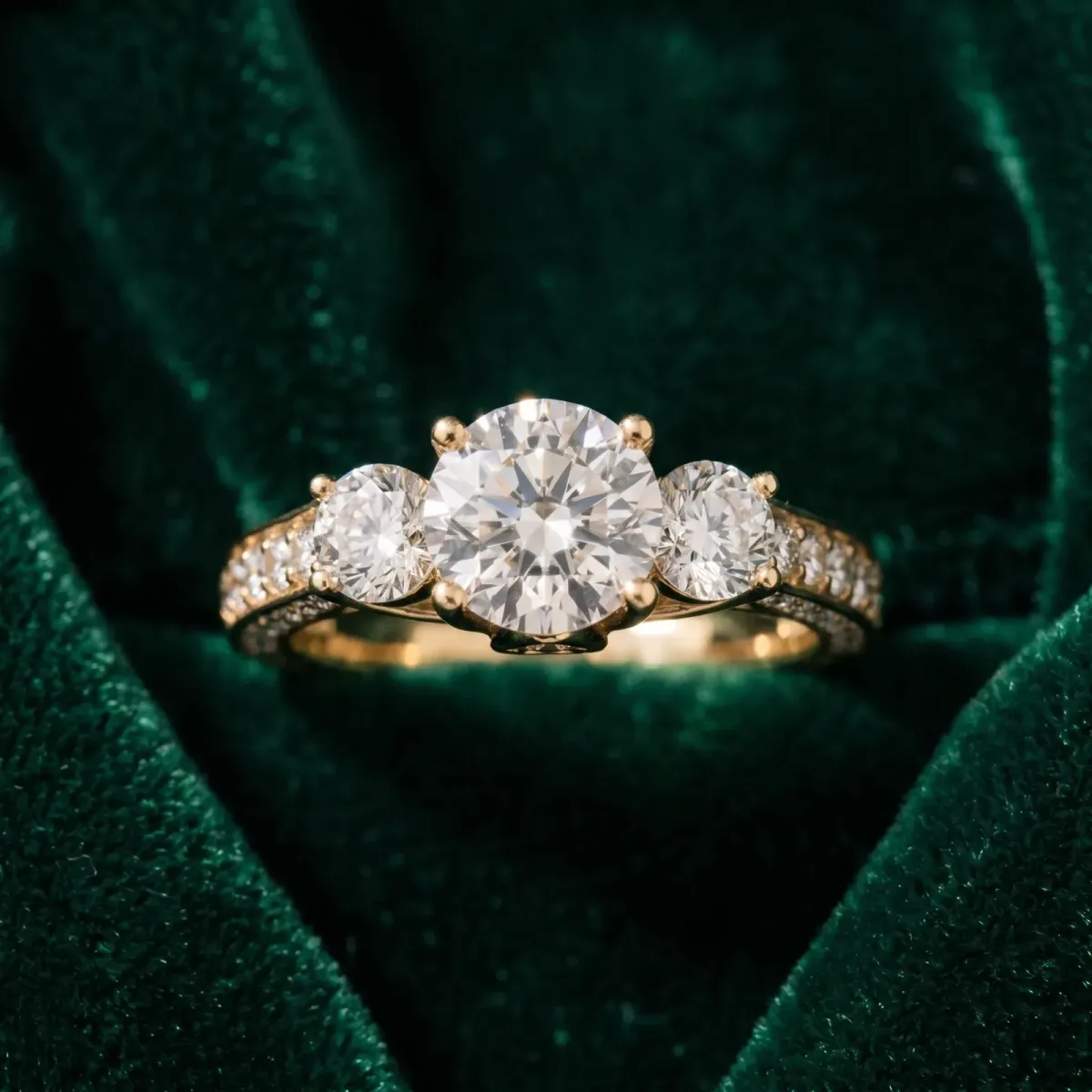 Three-Stone Round Cut Cut Diamond Engagement Ring with Split Shank and Prong Setting Yellow gold