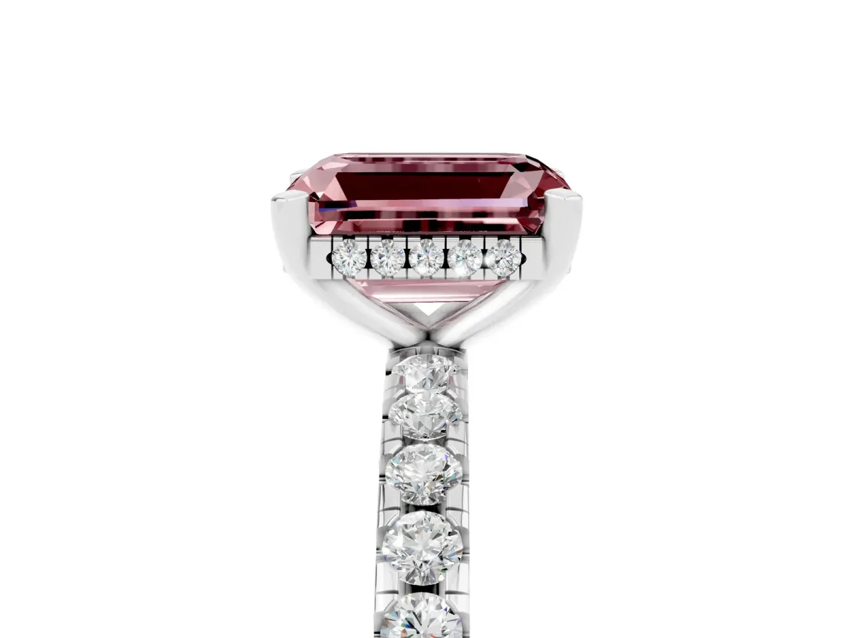 Emerald Cut Morganite Solitaire Ring with Round Pavé Band and Four-Prong Setting Silver