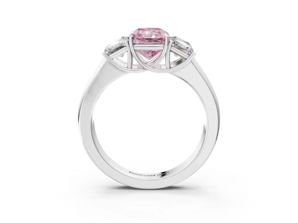 Fancy Pink Three-Stone Radiant Cut Cut Diamond Ring with Prong Setting and Classic Band Platinum